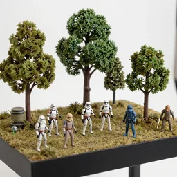 a detailed photo of a realistic diorama with star wars toys, macro photography, zoom, model trees, table, studio lighting