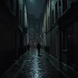 concept art, dark wet london alley at night, by ashley wood, by roger deakins, in the style of syd mead atmospheric