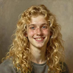 Painting of Dominik Sadoch with long fluffy curly blond hair. beautiful long golden blonde hair. Young. Smiling. Happy. Cheerful. Art by william adolphe bouguereau. Very very very very very very very very very very very very much detailed. Beautiful. 4K. Award winning.