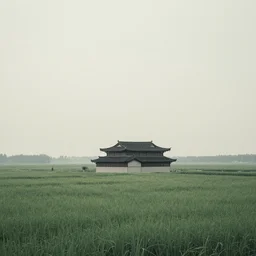 A serene landscape with a singular building in the style of ruan jia .