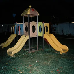 a kids play area with no people after hours, flash photography, scary, dark, vhs