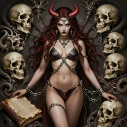 gorgeous!! woman as a chained demoness sorcerer empress wearing a bikini, d & d, morrigan aensland, skulls, tattered magical book | art by jack kirby + akira toriyama + katsuhiro otomo + hirohiko araki | intricate, highly detailed, digital painting, smooth, sharp focus, hyper - realistic, symmetrical, octane render