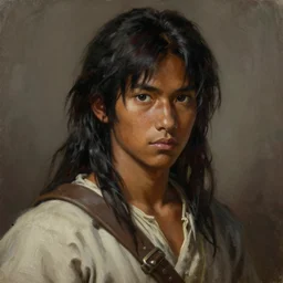 prompt : ragnarok online portrait soft light painted by james jean and katsuhiro otomo and erik jones, epic fantasy, a young long haired peasant boy with dark skin, brown skin, a dark complexation in plain fantasy clothing with intelligent eyes, intricate oil painting, high detail illustration, sharp high detail, manga and anime 1 9 9 9