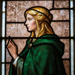 side - view portrait of triss merigold, green cape, tenth century stained glass window, earthy background, very masterful