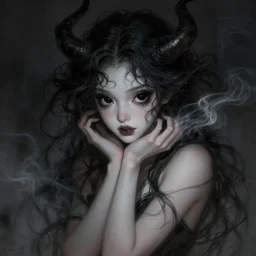 portrait of demon girl by bastien lecouffe deharme, dreamy and ethereal, expressive pose, big black eyes, exciting expression, fantasy, intricate, elegant, dark and moody smoke, highly detailed, digital painting, artstation, concept art, smooth, sharp focus, illustration, art by artgerm and greg rutkowski and alphonse mucha