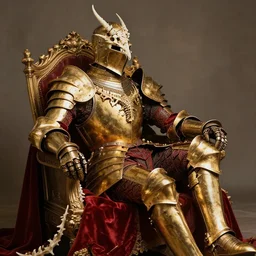 portrait the great knight dark souls in golden red armor made of polished dragon bones looks relaxed, victorian era
