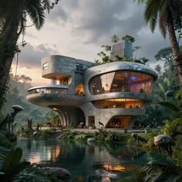 a futuristic spacepunk house designed by ( ( le corbusier ) ) frank lloyd wright mies van der rohe louis kahn surrounded by meta materials and jungle reflecting water volumetric lighting daytime. alien planet atmosphere. alien animals in forest, vaporwave futurism sunset metal concrete glass windows cloudy skies artstation 8 k photorealism finely detailed unreal engine imax cinematic epic centered rule of thirds brutalist architectural
