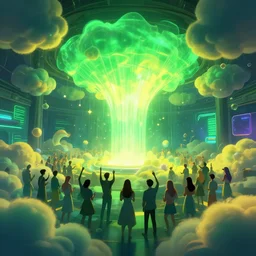 holy metaverse party in virtual venue hall, vibrant clouds, volumetric light, green and yellow colors, digital art, artstation