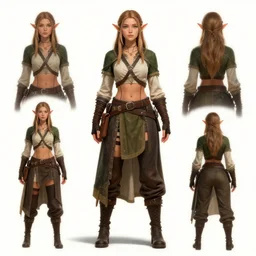 character outfit concept of fantasy female elf ranger, trending on artstation, highly detailed, multiple views