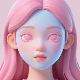 of a 2 d girl with a holographic face, 3 d pink water hair, minimalistic detailed eyes with a realistic mouth