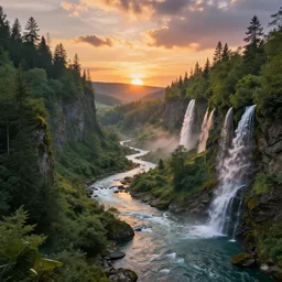 forest valley landscape with river and waterfalls in the sunset, magic fantasy, digital art, highly detailed, trending on artstation, by sylvain sarrailh