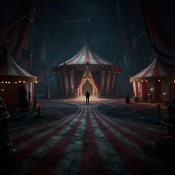 Screenshot of a videogame environment of a dark evil circus carnival. Sharpened. 1080p. High-res. Ultra graphical settings.