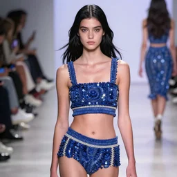olivia wearing an outfit made from lapislazuli, runway model at new york fashion week, sporty physique, black hair, freckles, pale skin, photo by greg rutkowski, stage lighting, soft colors, female beauty, intricate detail, elegance, 3 5 mm, depth of field, masterpiece