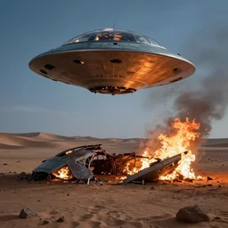 ufo flying saucer with glass dome crashed in the desert, bent and broken, burning.