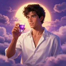 masterpiece portrait of a ( ( ( un shot de tequila y morada ) ) ), ( ( guapo joven caliente cubano camisa abierta ) ), nubes y magia, el sol, concept character, by greg rutowski and tezuka and oi and mucha and bierstadt and remington, trending on artstation