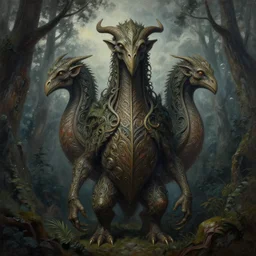 a three headed woodland golem with a long neck in a dark forest, cloudy sky, fantasy, intricate, elegant, highly detailed, traditional painting, acrylic painting, artstation, concept art, matte, sharp focus, illustration, hearthstone, in the style of h. r. giger