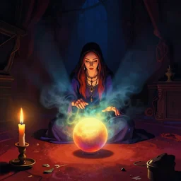 a beautiful artwork illustration, a dark room lit by a candle, gypsy fortune teller looking over a circle sphere, volumetric fog, godrays, high contrast, high contrast, high contrast, vibrant colors, vivid colors, high saturation, by Greg Rutkowski and Jesper Ejsing and Raymond Swanland, featured on artstation, wide angle, vertical orientation