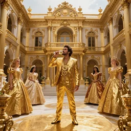 el chapo standing in the middle of a grandiose mexican mansion. everything is made out of gold. el chapo is sipping on wine. the mansion is incredible and ornate. chapo has a clockwork chain. there are princesses and queens everywhere around him, lovely scene