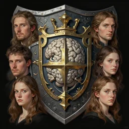 brain heraldry crest on fantastical shield, d & d, fantasy, portrait, highly detailed, digital painting, trending on artstation, concept art, sharp focus, illustration, art by artgerm and kenneth noland and greg rutkowski and magali villeneuve