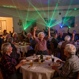 old people raving at the retirement home, laser lights realistic photo