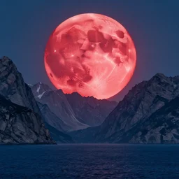big red moon rising above sea and epic mountains mountains, long shot by ralph horsley, inspired by leo and diane dillon edward lear, epic, colossal scale, beautiful fine face features, intricate high details, sharp, ultradetailed, beeple, octane render trending on artstation