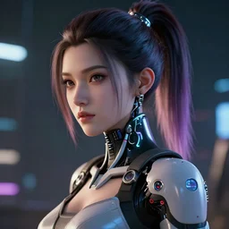 beautiful cyborg girl with pony hair,cyberpunk,realistic,cinematic,3d,night lighting