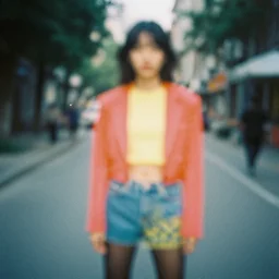 contemporary fashion colorful photo, very faded photo, grainy, very blurry, expired film