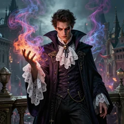 a young man, evil wizard, victorian city vista, hyperrealism, octane render, extremely detailed, intricate colorful smoke magic, lace, style of mark ryden, earl nore, hyung tae, frank frazetta