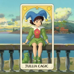 A girl jester on the front of a Balustrade with a beach on the background, major arcana, a colab between studio ghibli and paul delaroche