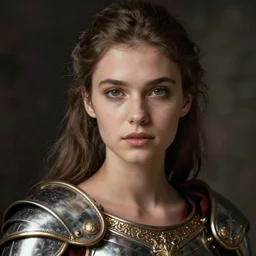 close - up portrait of beautiful young woman dressed gladiator with metallic armor, art by irina ionesco