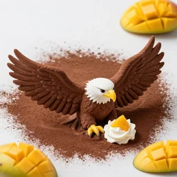 a bald eagle made of chocolate powder, mango, and whipped cream