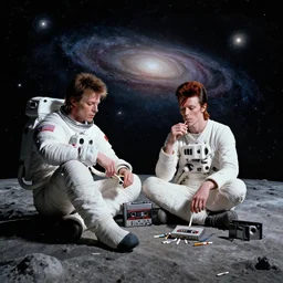 david bowie and astronaut major tom sit on the dark side of the moon, listen to pink floyd on an old cassette recorder and smoke a joint, enjoying the contemplation of deep space with millions of galaxies