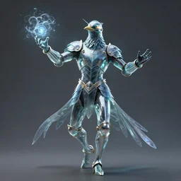 a portrait of bird magician in glass armor releasing spell, full height, moving forward, concept art, trending on artstation, highly detailed, intricate, sharp focus, digital art, 8 k