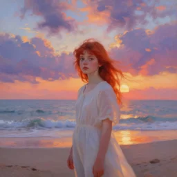 a red haired young girl beach surreal, sunrise, dramatic light, impressionist painting, colorful clouds, digital painting, artstation, vittorio matteo corcos