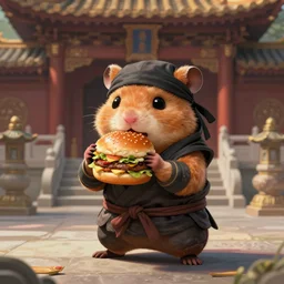 a single anthropomorphic hamster ninja eating a hamburger, ninja outfit, standing in a buddhist temple, cute and adorable, dnd character art portrait, matte fantasy painting, deviantart artstation, by jason felix by steve argyle by tyler jacobson by peter mohrbacher, cinematic lighting