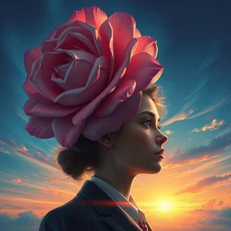 closeup, large rose flower head, portrait, girl in a suit, surreal photography, sunrise, blue sky, dramatic light, impressionist painting, digital painting, artstation, simon stalenhag