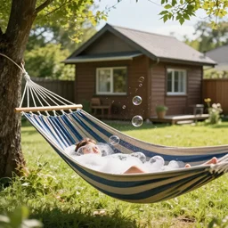 backyard, hammock, relaxing atmosphere, bubbles, sunny, cottage