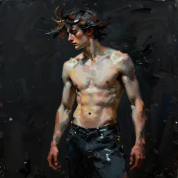 abstract, a thin, fit man's body explodes in abstract, thick flowing dramatic brush strokes, strong wind, black background, matte colors, impressionist, extreme motion, trending on artstation