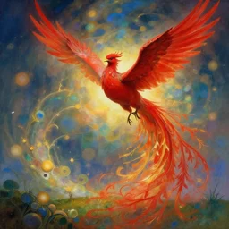 the solarpunk phoenix, red bird, regeneration, landscape, epic composition, volumetric light, bokeh, inspired by greg rutkowski by alphonse mucha