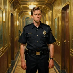 a man resembling tahmoh penikett wearing a hotel security uniform. he looks concerned. he is in a brass bronze gold retro futuristic art deco hotel corridor. beautiful painting by artgerm and greg rutkowski and ilya kuvshinov