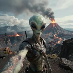 the last selfie taken by an alien! in an apocalypse volcano in the background hd cinematic epic 8 k concept art by greg rutkowski