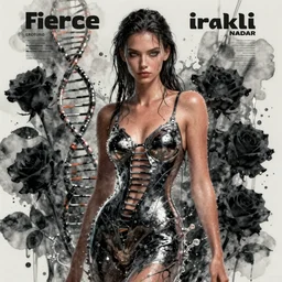 fierce wet fashion model, in the style of irakli nadar, splash, sweat skin, liquid metal dna, effervescent, black roses, poster art, high detail, hyperrealistic illustration, watercolor, deep mood, hyperrealism, 3 d,