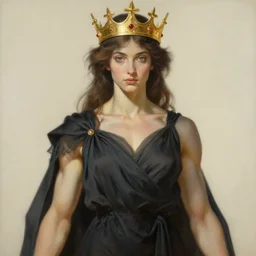 a goddness wearing dark clothes and golden crown, muscular, painting by greg rutkowski and alphonse mucha