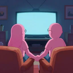 jessie pinkman and jessie pinkman, sitting on two sofas, watching tv, holding hands, back to the camera, illustration, beautiful, vibrant colors - w 7 5 0