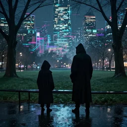 park at night, two cloaked figures, artstation, by william degouve de nunqcues, rain puddles, background glitched cyber city ( ( ( by leonid afremov ) ) )