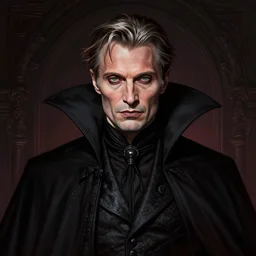 Portrait of Mads Mikkelsen as Dracula , the prince of darkness , lord of the vampires , marvel comics, dark, intricate, highly detailed, smooth, artstation, digital illustration by Ruan Jia and Mandy Jurgens and Artgerm and Wayne Barlowe and Greg Rutkowski and Frank Frazetta