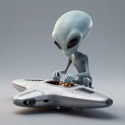 a sad Roswell grey alien trying to repair his crashed burning spacecraft in the desert, a hologram by Alan Bean, featured on zbrush central, hurufiyya, zbrush, polycount, airbrush art