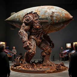 movie still of intricatly macerated by age, sentient, dethroned goliath zeppelin, all tonne machine, blood turbines, hydrocracking, rusted, macerated, eviscerated by fimbria wires, bicornate fungal pit, peoples choice pinball, by liam sharpe, alberto bontempi, shigeru komatsuzaki, wayne d barlowe,