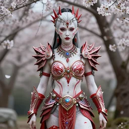 albino latina warrior ornated armor war paint, detailed, jewelry, sakura,photograph, award wining, red and white, trending on artstation, punk attitude, 4k, unreal engine 5, octane render, neon highlights