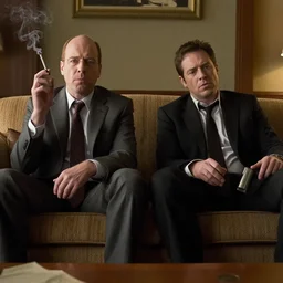 Saul Goodman and Patrick Bateman sitting in a couch and smoking